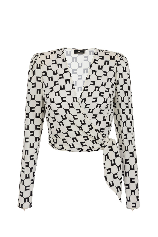 Cropped blouse in viscose georgette fabric with logo print and knot - Elisabetta Franchi® Outlet