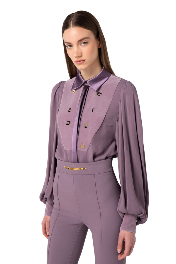 Bodysuit-style shirt in viscose with logo plaques - Elisabetta Franchi® Outlet