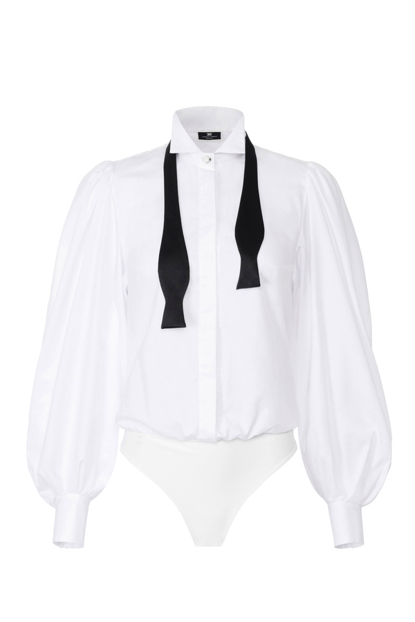 Cotton poplin bodysuit-style shirt with bow tie - Elisabetta Franchi® Outlet