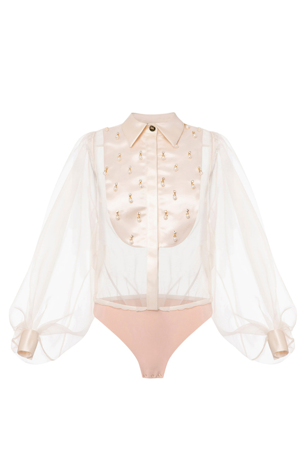 Chemise body en organdi avec plastron brodé - Elisabetta Franchi® Outlet