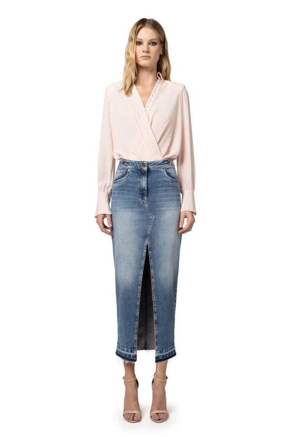 Crossed bodysuit-style shirt in georgette fabric with logoed ribbon - Elisabetta Franchi® Outlet