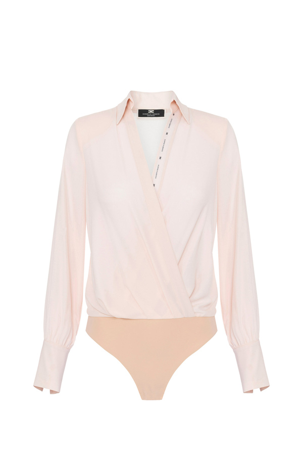 Crossed bodysuit-style shirt in georgette fabric with logoed ribbon - Elisabetta Franchi® Outlet