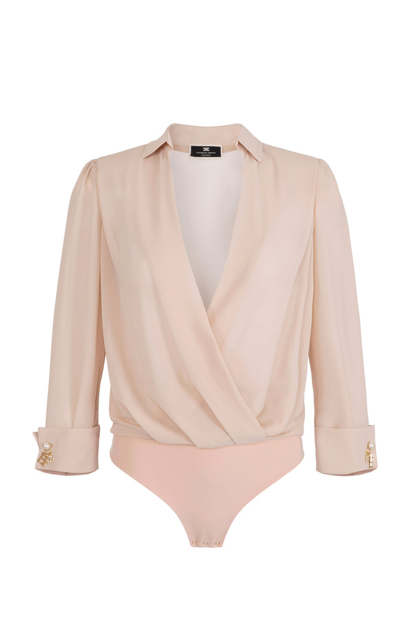 Bodysuit-style shirt in georgette fabric with pearl cufflinks - Elisabetta Franchi® Outlet