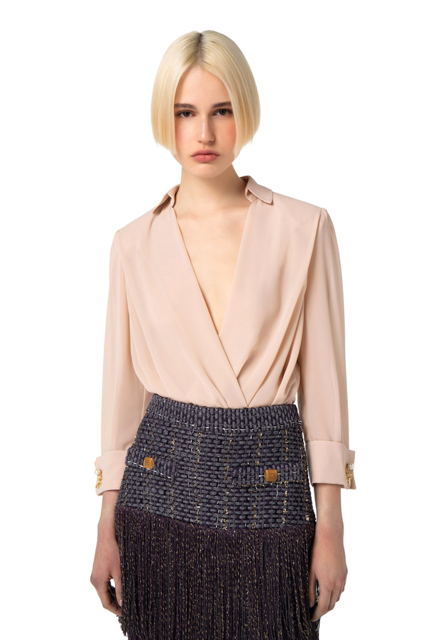 Bodysuit-style shirt in georgette fabric with pearl cufflinks - Elisabetta Franchi® Outlet