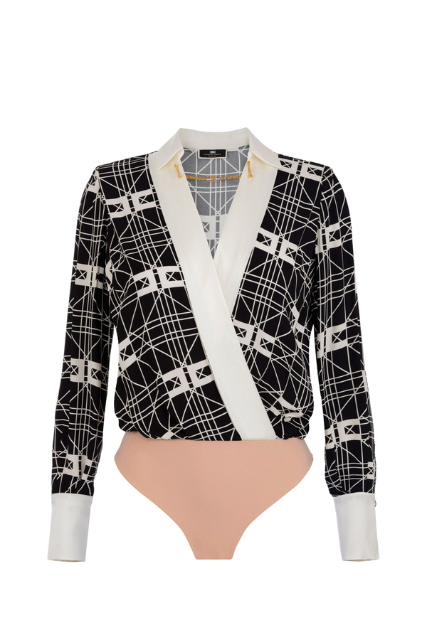 Crossover bodysuit-style blouse in printed viscose georgette fabric - Elisabetta Franchi® Outlet