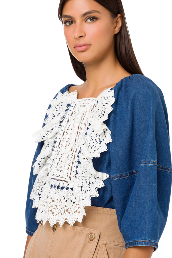 Denim blouse with macramé lace ascot tie - Elisabetta Franchi® Outlet