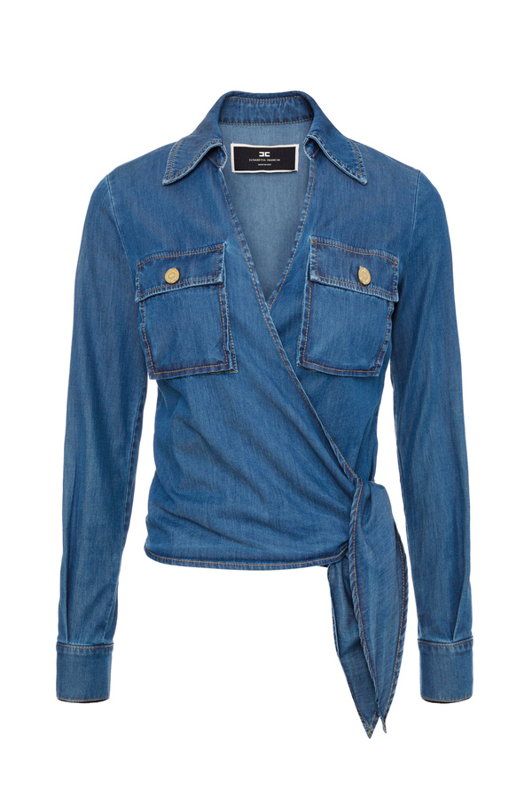 Crossover denim shirt with buttons - Elisabetta Franchi® Outlet