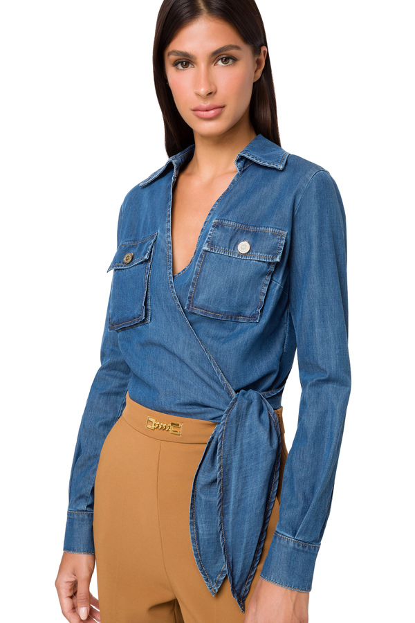 Crossover denim shirt with buttons - Elisabetta Franchi® Outlet