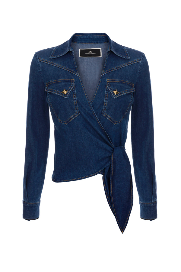 Denim cropped shirt with bow - Elisabetta Franchi® Outlet