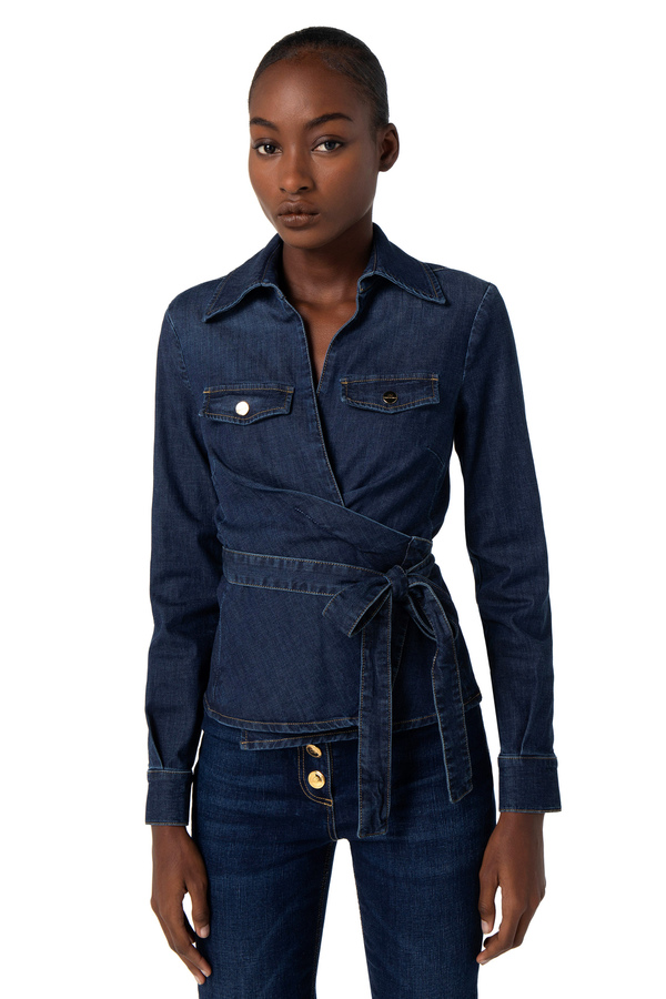 Denim shirt with sash belt - Elisabetta Franchi® Outlet