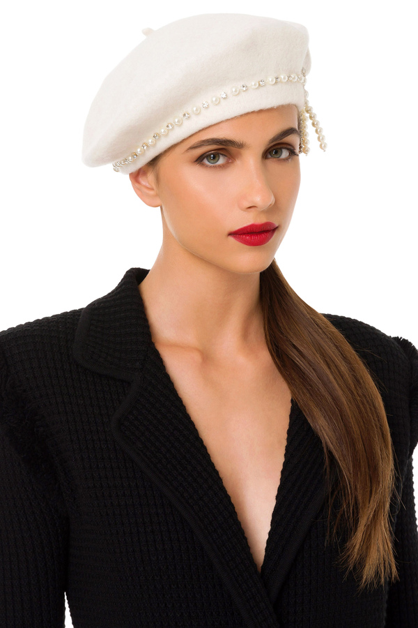 Wool beret with pearl embroidery - Elisabetta Franchi® Outlet