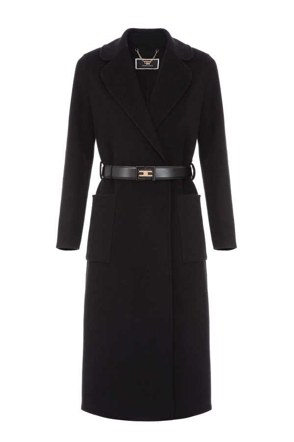 Manteau en laine et cachemire avec ceinture à logo - Elisabetta Franchi® Outlet