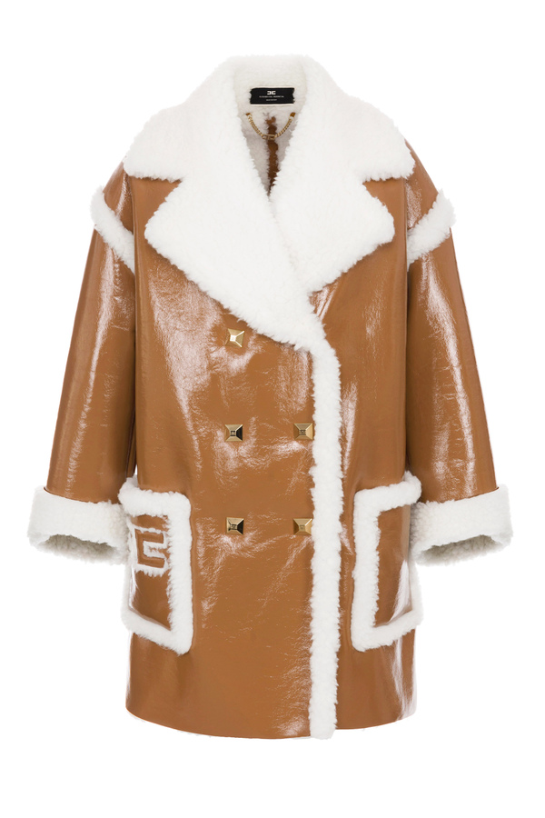 Maxi coat in naplak with studs and faux fur - Elisabetta Franchi® Outlet