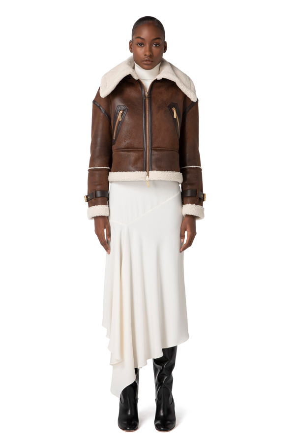 Faux shearling crop jacket with maxi collar - Elisabetta Franchi® Outlet