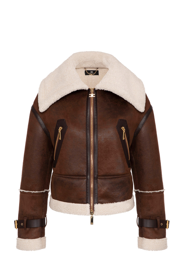 Faux shearling crop jacket with maxi collar - Elisabetta Franchi® Outlet