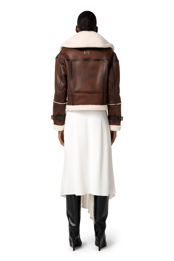 Faux shearling crop jacket with maxi collar - Elisabetta Franchi® Outlet