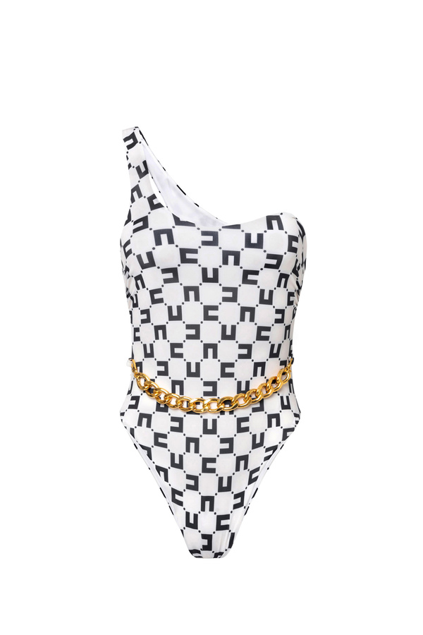 Costume intero monospalla in lycra con catena foulard - Elisabetta Franchi® Outlet