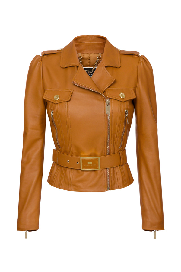Leather jacket with golden zip - Elisabetta Franchi® Outlet