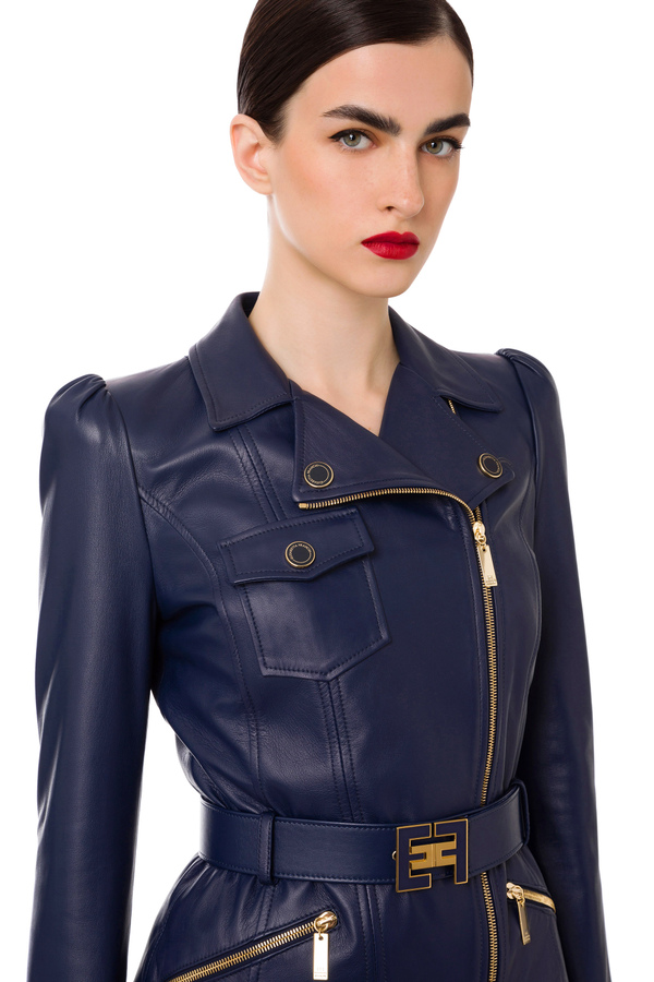 Leather biker's jacket with logoed belt - Elisabetta Franchi® Outlet