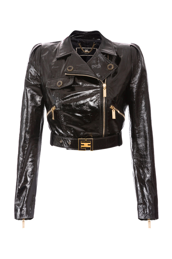 Short biker’s jacket in shiny leather - Elisabetta Franchi® Outlet