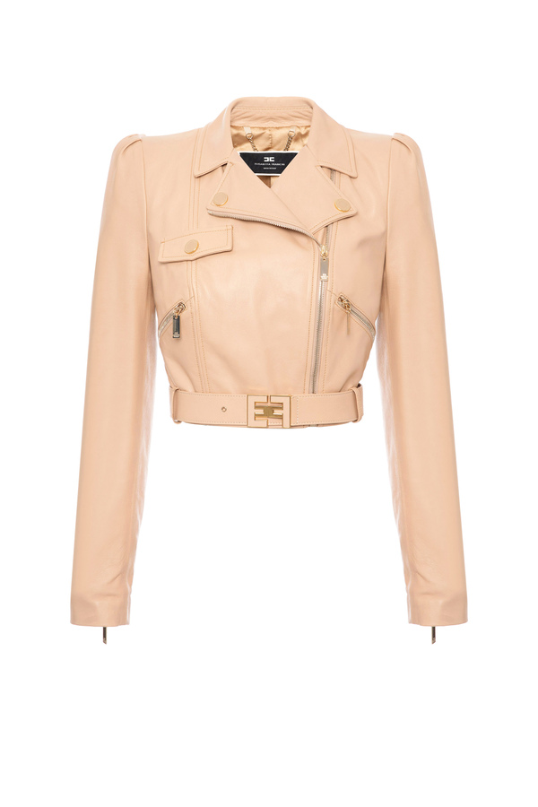 Short nappa leather biker’s jacket with belt - Elisabetta Franchi® Outlet