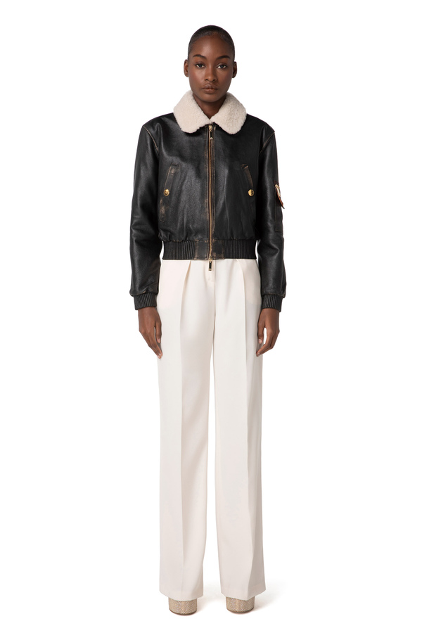 Leather bomber jacket with sheepskin collar - Elisabetta Franchi® Outlet
