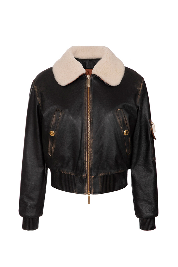 Leather bomber jacket with sheepskin collar - Elisabetta Franchi® Outlet