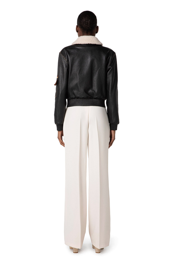 Leather bomber jacket with sheepskin collar - Elisabetta Franchi® Outlet