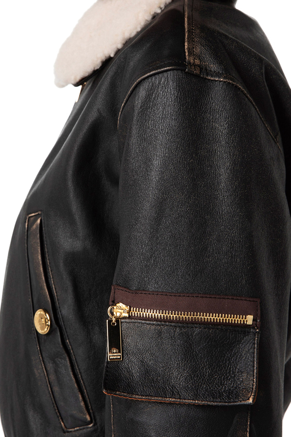 Leather bomber jacket with sheepskin collar - Elisabetta Franchi® Outlet