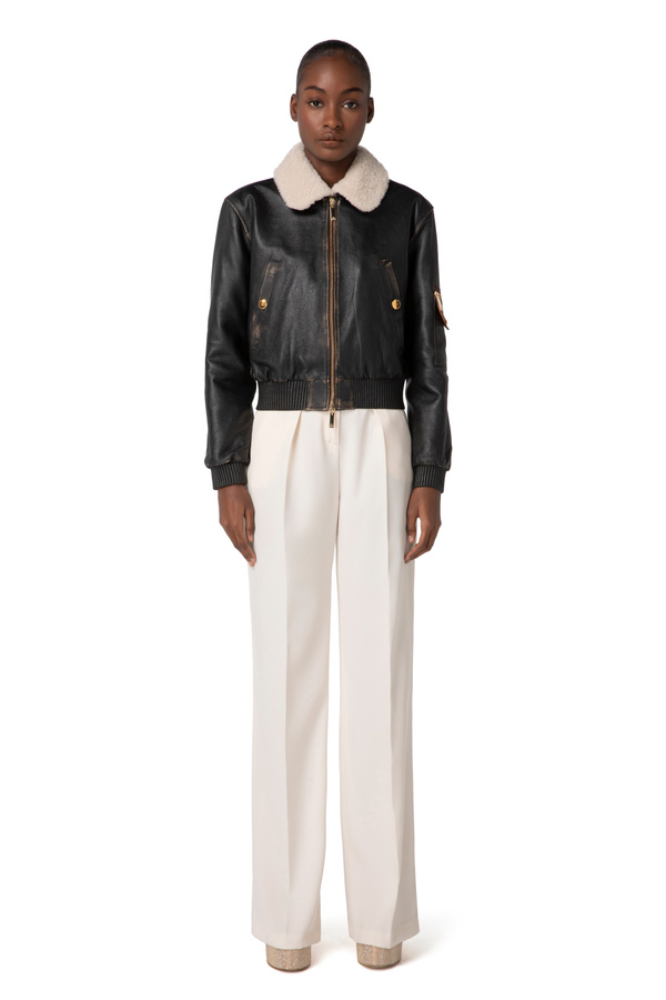 Leather bomber jacket with sheepskin collar - Elisabetta Franchi® Outlet