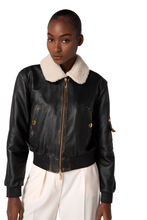 Leather bomber jacket with sheepskin collar - Elisabetta Franchi® Outlet