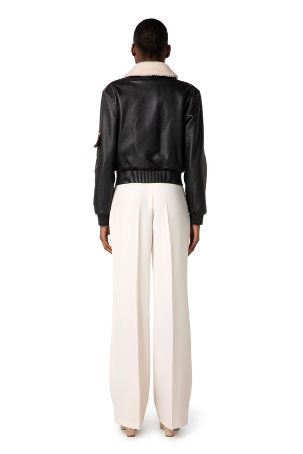 Leather bomber jacket with sheepskin collar - Elisabetta Franchi® Outlet
