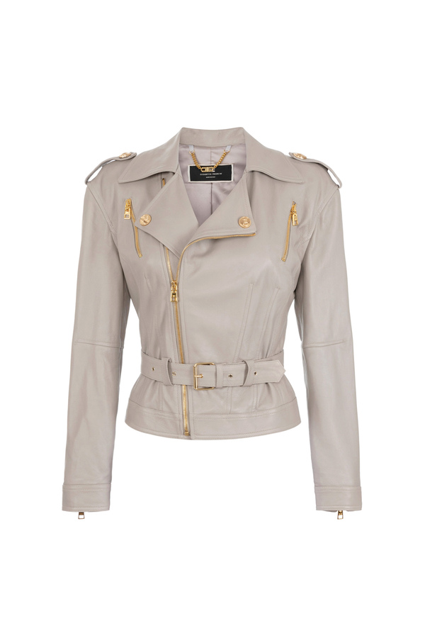 Leather biker jacket with belt - Elisabetta Franchi® Outlet