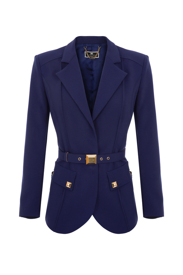Jacket with belt at the waist and gold studs - Elisabetta Franchi® Outlet