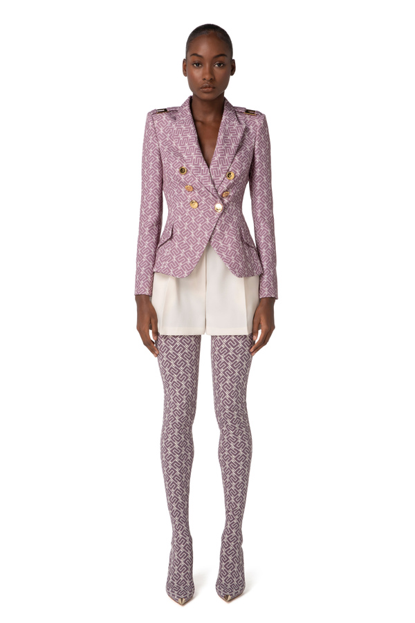 Double-breasted crêpe jacket with logo print - Elisabetta Franchi® Outlet