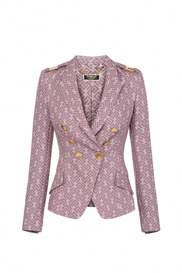 Double-breasted crêpe jacket with logo print - Elisabetta Franchi® Outlet