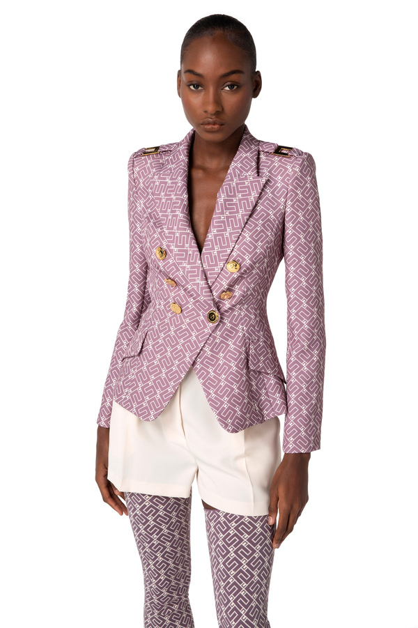 Double-breasted crêpe jacket with logo print - Elisabetta Franchi® Outlet