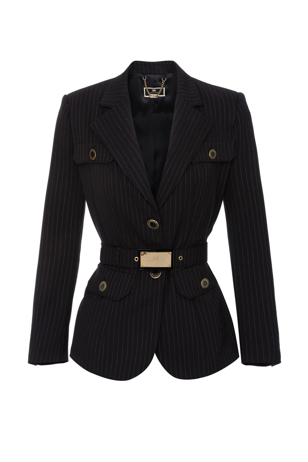 Pinstriped jacket with belt at the waist - Elisabetta Franchi® Outlet