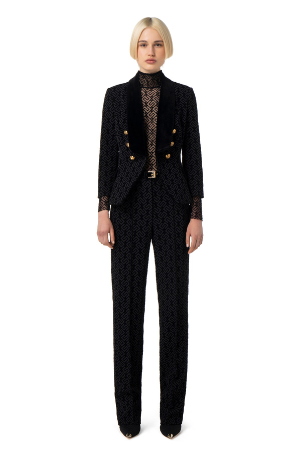 Double-breasted crêpe jacket with flock print - Elisabetta Franchi® Outlet