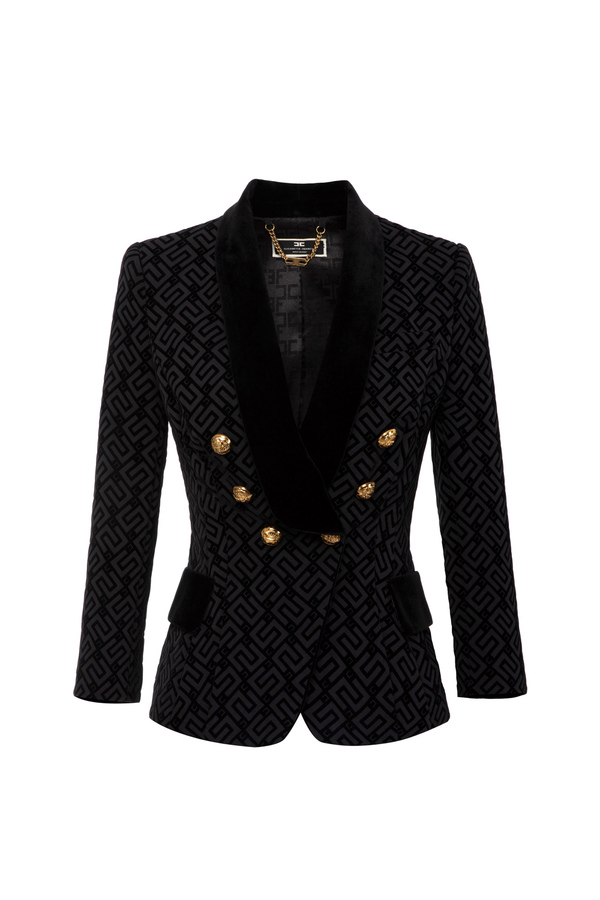 Double-breasted crêpe jacket with flock print - Elisabetta Franchi® Outlet