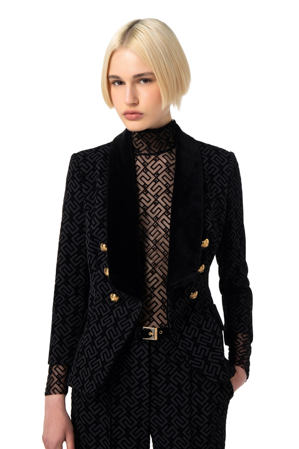 Double-breasted crêpe jacket with flock print - Elisabetta Franchi® Outlet