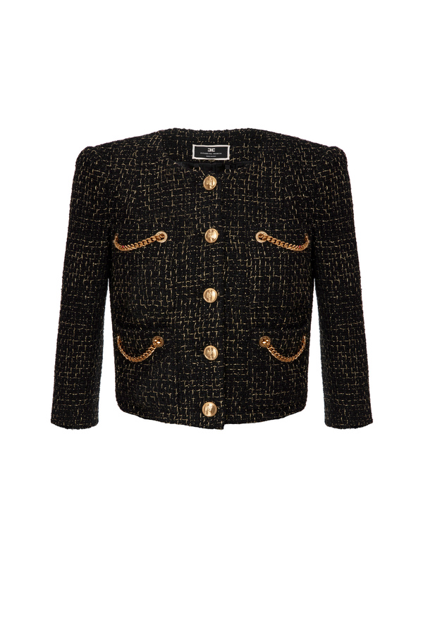 Kurze Jacke aus Tweed-Lurex mit Ketten - Elisabetta Franchi® Outlet