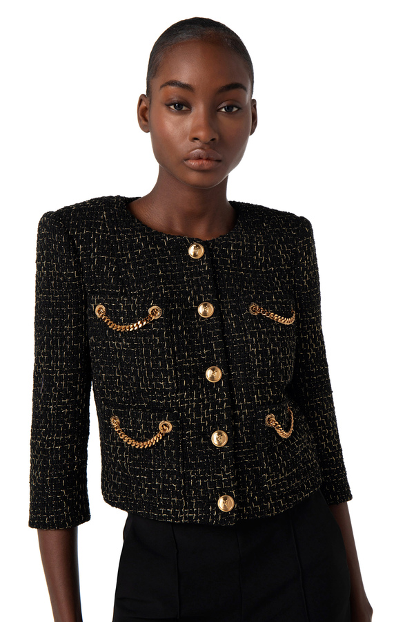 Lurex tweed short jacket with chains - Elisabetta Franchi® Outlet