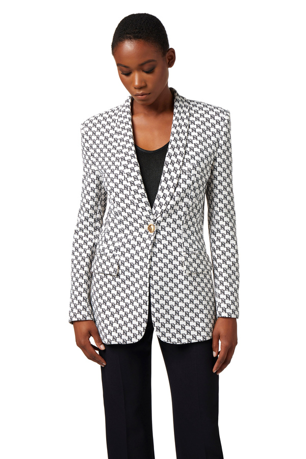 Jacke aus Crêpe mit Logo-Print und Schalrevers - Elisabetta Franchi® Outlet
