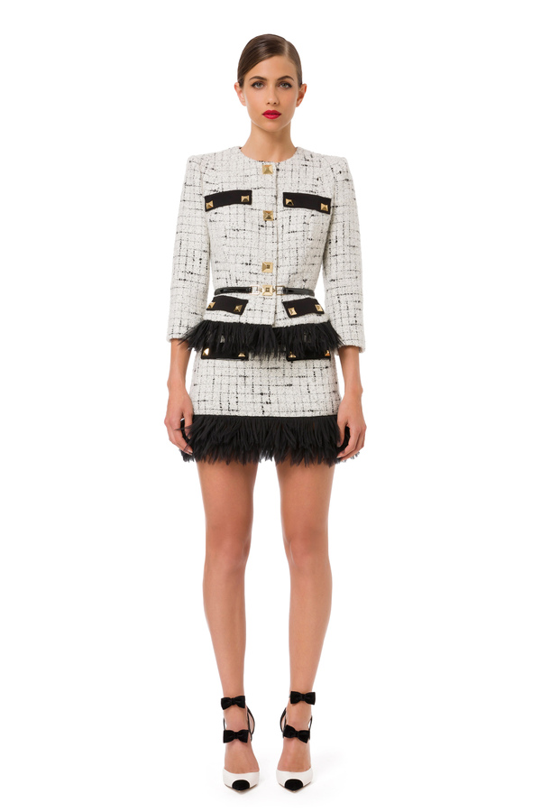 Tweed jacket with feather fringe and studs - Elisabetta Franchi® Outlet