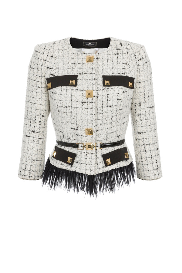 Tweed jacket with feather fringe and studs - Elisabetta Franchi® Outlet