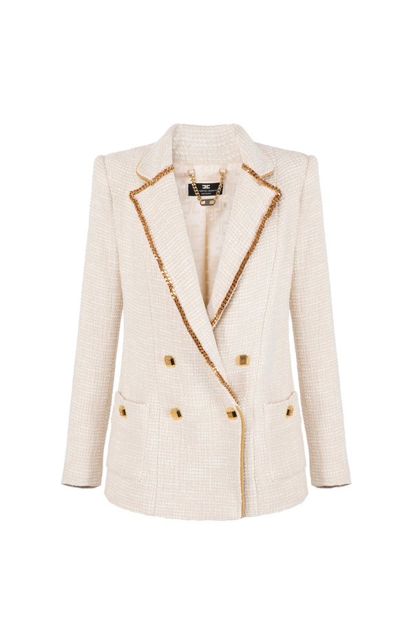 Double-breasted tweed jacket with chain - Elisabetta Franchi® Outlet