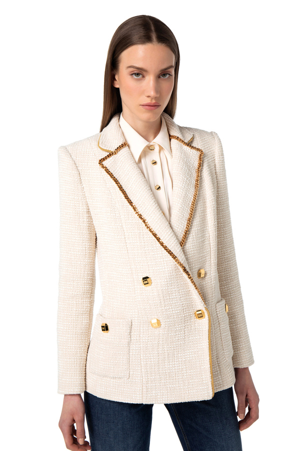 Double-breasted tweed jacket with chain - Elisabetta Franchi® Outlet