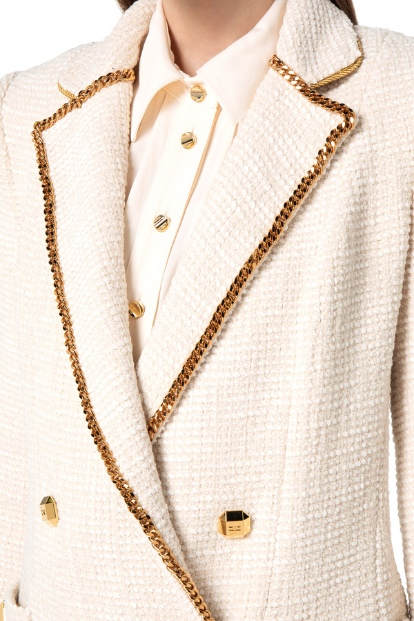 Double-breasted tweed jacket with chain - Elisabetta Franchi® Outlet