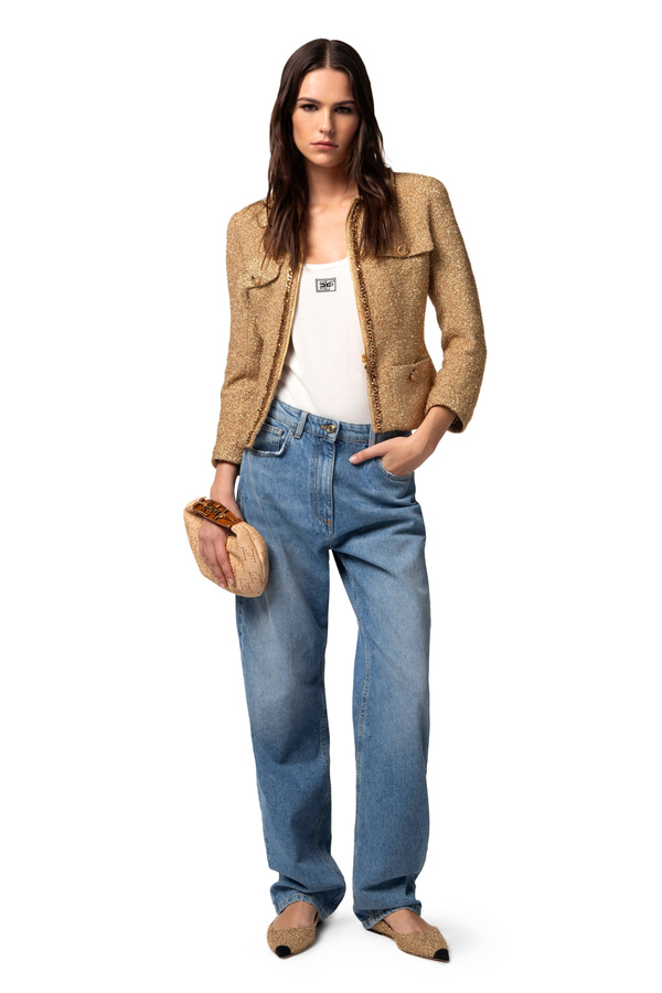 Lurex tweed cropped jacket with chain - Elisabetta Franchi® Outlet
